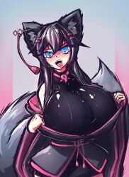 Rule 34 | 1girl, absurdres, animal ears, black hair, blue eyes, blush, bodysuit, breasts, breath, collarbone, fang, flashing, floofsmear, fluffy, fox ears, fox girl, fox tail, glowing, glowing eyes, hair between eyes, hair intakes, hair ornament, hairpin, highres, huge breasts, japanese clothes, kimono, kiri (sub-res), long hair, looking at viewer, naughty face, open clothes, open mouth, original, resolution mismatch, self-upload, solo, source smaller, tail, tassel, tomoe (symbol), tongue, tongue out, upper body, wide hips