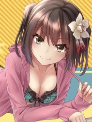 Rule 34 | 10s, 1girl, bikini, bikini top only, blush, breasts, brown eyes, brown hair, casual, cleavage, collarbone, flower, front-tie bikini top, front-tie top, hair flower, hair ornament, hood, hood down, hoodie, kantai collection, long sleeves, looking at viewer, lying, medium breasts, morigami (morigami no yashiro), on stomach, sendai (kancolle), short hair, smile, solo, striped, striped background, swimsuit, two side up, upper body