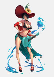 Rule 34 | 1girl, adapted costume, black hair, flower, full body, guilty gear, guilty gear strive, hat, i-no, looking at viewer, midriff, nail polish, navel, phamoz, red headwear, short hair, sunflower, sunglasses, very short hair, witch hat