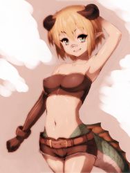 Rule 34 | 1girl, :d, arm behind head, arm up, armpits, bandaid, bandaid on face, bandaid on nose, bare shoulders, belt, blonde hair, breasts, clenched hand, covered erect nipples, cowboy shot, cutoffs, dragon tail, elbow gloves, fang, female focus, fins, from side, fumio (rsqkr), gloves, green eyes, grey background, hair between eyes, happy, horns, impossible clothes, jormungandr (zettai bouei leviathan), looking at viewer, medium breasts, midriff, navel, open mouth, pointy ears, scales, short hair, short shorts, shorts, simple background, single elbow glove, single glove, smile, solo, standing, strapless, tail, tube top, zettai bouei leviathan