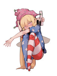 Rule 34 | 1girl, american flag dress, american flag legwear, bad id, bad pixiv id, blonde hair, blush, bright pupils, clownpiece, dress, fairy wings, full body, hair between eyes, hat, highres, holding, jester cap, long hair, looking at viewer, neck ruff, pantyhose, pink eyes, pink hat, polka dot, short sleeves, simple background, solo, soya6479, star (symbol), star print, striped, touhou, very long hair, white background, wings