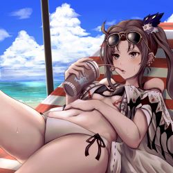 Rule 34 | 1girl, bare shoulders, beach, beach chair, bikini, blue sky, blush, breasts, brown eyes, brown hair, cleavage, collarbone, cup, day, drinking, drinking straw, earrings, eyewear on head, fate/grand order, fate (series), hair ornament, highres, jewelry, long hair, lying, medium breasts, multiple earrings, navel, ocean, on back, open clothes, painapo, robe, sky, sunglasses, swimsuit, thighs, twintails, very long hair, white bikini, yu mei-ren (fate), yu mei-ren (swimsuit lancer) (fate)