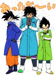 Rule 34 | +++, :d, puff of air, aqua coat, black eyes, black gloves, black hair, blue coat, blush, boots, broly (dragon ball super), coat, commentary request, crossed arms, dougi, dragon ball, dragon ball super, dragon ball super broly, flower, frown, full body, gloves, green coat, grey gloves, hand on own hip, height difference, highres, light smile, looking back, open mouth, own hands together, scar, short hair, simple background, smile, son goku, spiked hair, standing, translation request, vegeta, white background, white gloves, winter clothes
