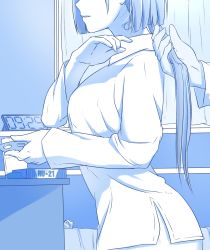 Rule 34 | 1girl, bad id, bad pixiv id, bandaid, bandaid on neck, blue theme, clock, dress shirt, grabbing another&#039;s hair, hangover, head out of frame, hickey, highres, indoors, long hair, lulu heika, male hand, monochrome, naked shirt, nelson (warship girls r), out of frame, parted lips, pill, shirt, solo focus, warship girls r