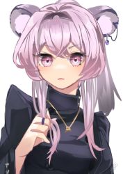 1girl animal_ears arknights black_hairband blush breasts commentary_request hairband jewelry lin_(arknights) long_hair long_sleeves looking_at_viewer medium_breasts mouse_ears necklace open_mouth pink_hair ponytail purple_eyes ring simple_background solo tsuyuki_yuki upper_body v-shaped_eyebrows white_background