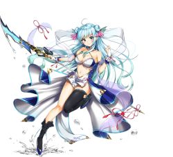 Rule 34 | 1girl, ahoge, aqua eyes, asymmetrical legwear, awakening (sennen sensou aigis), bare shoulders, blue hair, blue thighhighs, blush, bow, bracelet, breasts, bridal gauntlets, butterfly ornament, cleavage, clenched hand, closed mouth, double bun, doyagao, dress, earrings, fins, floral print, frilled dress, frills, gold trim, hair bun, head fins, high heels, holding, holding polearm, holding weapon, jewelry, kuria (clear trip second), large breasts, leg lift, leg up, light blue hair, long hair, looking at viewer, magatama, magatama necklace, naginata, navel, necklace, off shoulder, official art, pelvic curtain, pink ribbon, polearm, red ribbon, revealing clothes, ribbon, ribbon-trimmed legwear, ribbon trim, sennen sensou aigis, shawl, shoes, sidelocks, smirk, smug, solo, splashing, suiren (sennen sensou aigis), thighhighs, transparent background, water drop, weapon