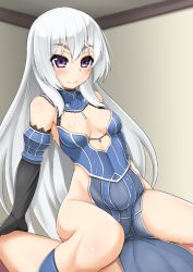 Rule 34 | 10s, alfort (may0508), blush, breasts, cleavage, clothed female nude male, cowgirl position, detached sleeves, girl on top, hitsugi no chaika, implied sex, layla (hitsugi no chaika), long hair, no panties, nude, purple eyes, smile, straddling, sweat, white hair