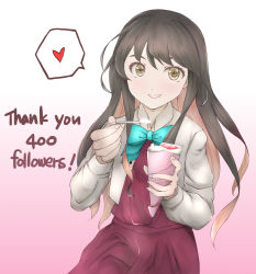 Rule 34 | 1girl, black hair, blazer, commentary request, crepe, dress, food, gradient background, hair down, halterneck, heart, highres, jacket, kantai collection, ld (luna dial398), long hair, looking at viewer, milestone celebration, multicolored hair, naganami (kancolle), naganami kai ni (kancolle), parted lips, pink hair, purple dress, school uniform, smile, solo, spoken heart, spoon, two-tone hair, wavy hair, yellow eyes