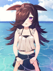 Rule 34 | 1girl, 1other, animal ears, bare arms, bare shoulders, black skirt, blue sky, blurry, blurry background, bow, brown bow, brown hair, brown hairband, camisole, cloud, cloudy sky, collarbone, commentary request, crop top, day, depth of field, ears down, hair bow, hair over one eye, hairband, highres, holding hands, horizon, horse ears, long hair, looking at viewer, midriff, navel, ocean, outdoors, purin jiisan, purple eyes, rice shower (umamusume), skirt, sky, solo focus, umamusume, very long hair, water, white camisole