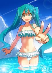Rule 34 | 1girl, asanome, bikini, foreshortening, gradient background, green eyes, green hair, hatsune miku, highres, long hair, matching hair/eyes, soaking feet, solo, standing, swimsuit, twintails, v, vocaloid, wading, water