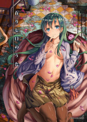 Rule 34 | 10s, 1girl, aqua hair, blush, breasts, brown thighhighs, cleavage, flower, hair ornament, hairclip, highres, kantai collection, long hair, looking at viewer, lying, mizuta kenji, navel, no bra, on back, open clothes, open shirt, open skirt, petals, pleated skirt, school uniform, shirt, skirt, smile, solo, suzuya (kancolle), sweat, thighhighs