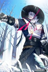 Rule 34 | 1boy, animal ears, arknights, bara, bare tree, belt, bird, black belt, blood, blood on clothes, blood on face, blue sky, cowboy shot, dougi, furry, furry male, hakama, hakama skirt, hat, highres, holding, holding weapon, japanese clothes, looking at another, male focus, mountain (arknights), muscular, muscular male, nekojack12, outdoors, pectorals, sakkat, skirt, sky, snow, solo, straw hat, sword, tail, talisman, tiger boy, tiger ears, tiger stripes, tiger tail, tree, unsheathed, weapon, white fur, winter