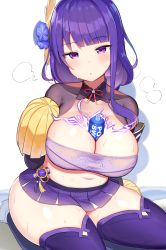 Rule 34 | 1girl, absurdres, adapted costume, battery, between breasts, blue flower, blunt bangs, blush, breasts, cheerleader, choker, closed mouth, electricity, flower, genshin impact, hair flower, hair ornament, highres, human scabbard, jakko, kneeling, large breasts, long hair, looking at viewer, microskirt, mole, mole under eye, navel, pom pom (cheerleading), purple eyes, purple hair, purple skirt, purple thighhighs, raiden shogun, red ribbon, ribbon, ribbon choker, shrug (clothing), simple background, skirt, solo, steaming body, sweat, tassel, thighhighs, thighs, white background