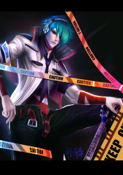 Rule 34 | 1boy, artist name, bad id, bad pixiv id, bandages, belt, caution tape, green hair, guitar, hair over one eye, headphones, highres, instrument, male focus, necktie, open mouth, red eyes, shun&#039;ei, solo, teeth, the king of fighters, the king of fighters xiv, toxicface