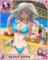 Rule 34 | 10s, 1girl, beach, bikini, blue bikini, bracelet, braid, breasts, card (medium), character name, chess piece, cleavage, day, female focus, glass, grayfia lucifuge, grey eyes, grey hair, hat, high school dxd, high school dxd infinity, holding, jewelry, large breasts, lipstick, long hair, makeup, matching hair/eyes, navel, ocean, official art, queen (chess), red lips, side-tie bikini bottom, solo, standing, sun hat, swimsuit, trading card, twin braids, underboob
