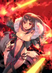 Rule 34 | 1girl, black dress, breasts, brown hair, center opening, choker, cleavage, collarbone, commentary request, dress, fate/grand order, fate (series), fur trim, hip focus, jacket, large breasts, long hair, looking at viewer, medium breasts, navel, open mouth, red eyes, revealing clothes, solo, strapless, strapless dress, very long hair, yoshimoto (dear life), yu mei-ren (fate)