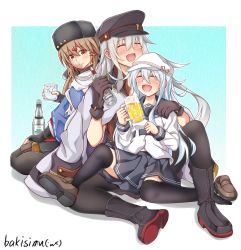 Rule 34 | 1girl, alcohol, beer, beer mug, black bow, black gloves, black hat, black pantyhose, black sailor collar, black skirt, black thighhighs, blue shawl, bottle, bow, brown eyes, brown hair, closed eyes, commentary request, cup, fingerless gloves, flat cap, fur hat, gangut (kancolle), gangut dva (kancolle), gloves, grey hair, hair bow, hammer and sickle, hat, hibiki (kancolle), highres, holding, holding cup, jacket, jacket on shoulders, kantai collection, koutetunamekuji, long hair, low twintails, military jacket, mug, pantyhose, papakha, peaked cap, sailor collar, sailor shirt, scarf, shawl, shirt, sitting, skirt, solo, tashkent (kancolle), thighhighs, torn clothes, torn scarf, twintails, verniy (kancolle), vodka, white hair, white hat, white jacket, white scarf, white shirt