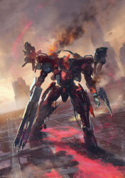 Rule 34 | armored core, armored core 6, building, commentary, full body, gun, hal 826, handler walter, highres, holding, holding gun, holding weapon, mecha, mecha focus, miso katsu, robot, science fiction, signature, sky, smoke, weapon
