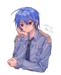 Rule 34 | 1boy, blue hair, blue necktie, blue sleeves, buttons, closed mouth, collared shirt, commentary request, cropped torso, danganronpa another, dated, fingernails, fox (770205490), hair between eyes, hand on own cheek, hand on own elbow, hand on own face, highres, kinjou tsurugi, light smile, long sleeves, looking at viewer, loose hair strand, male focus, necktie, pocket, police, police uniform, red eyes, shirt, short hair, shoulder pads, simple background, solo, translation request, uniform, white background