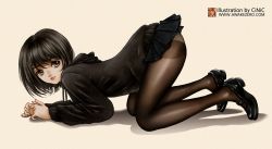 Rule 34 | 1girl, all fours, black hair, bob cut, female focus, full body, looking at viewer, noh seong-min, original, pantyhose, shoes, simple background, solo, watermark