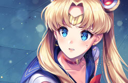 Rule 34 | 1girl, artist name, bishoujo senshi sailor moon, blonde hair, blue eyes, blue sailor collar, blush, bow, bowtie, choker, circlet, clenched teeth, collarbone, crescent, crescent earrings, double bun, earrings, gold earrings, hair behind ear, hair bun, hair ornament, heart, heart choker, jewelry, lips, long hair, looking ahead, meme, parted bangs, red bow, red bowtie, red choker, sailor collar, sailor moon, sailor moon redraw challenge (meme), sasucchi95, shirt, short sleeves, solo, sweat, teeth, tile floor, tiles, twintails, upper body, white shirt