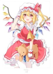 Rule 34 | 1girl, 6u (eternal land), :d, absurdres, adjusting clothes, adjusting headwear, animal, animal on shoulder, ascot, bird, bird on shoulder, blonde hair, blush, bow, cowboy shot, crystal, fang, flandre scarlet, frilled shirt collar, frilled thighhighs, frills, gloves, hair between eyes, hand up, hat, hat ribbon, highres, holding, holding stuffed toy, long hair, looking at viewer, mob cap, one side up, open mouth, petticoat, puffy short sleeves, puffy sleeves, red bow, red eyes, red ribbon, red skirt, red vest, ribbon, scan, shadow, shirt, short sleeves, simple background, skirt, skirt set, smile, solo, stuffed animal, stuffed toy, teddy bear, thighhighs, thighs, touhou, vest, white background, white gloves, white hat, white shirt, white thighhighs, wings, yellow ascot, zettai ryouiki