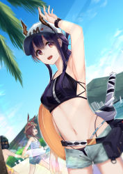 Rule 34 | 1boy, 2girls, :d, amiya (arknights), animal ears, arknights, arm up, armpits, bare arms, bare shoulders, baseball cap, beach, belt, bikini, black bikini, blue sky, breasts, brown eyes, brown headwear, ch&#039;en (arknights), ch'en (arknights), commentary, cowboy shot, day, doctor (arknights), dragon horns, dutch angle, ears through headwear, english commentary, female tourist c (arknights), from side, glint, grey shorts, groin, hat, heart, highleg, highleg bikini, highres, horns, horns through headwear, innertube, lens flare, light rays, long hair, looking at viewer, male doctor (arknights), medium breasts, multiple girls, navel, official alternate costume, open fly, open mouth, pouch, profile, purple hair, rabbit ears, short shorts, shorts, sidelocks, sky, smile, standing, stomach, sun hat, swim ring, swimsuit, wrist cuffs, yatsucchie