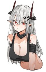 Rule 34 | 1girl, arknights, artist request, bare shoulders, black horns, breasts, cleavage, cowboy shot, curvy, double-parted bangs, female focus, hair between eyes, highres, horn/wood, horns, large breasts, long hair, looking at viewer, mudrock (arknights), multicolored horns, pointy ears, red eyes, red horns, revealing clothes, simple background, sleeveless, solo, upper body, white background, white hair