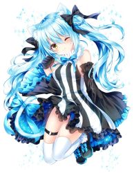 Rule 34 | 1girl, animal ear fluff, animal ears, bare shoulders, black bow, black gloves, black sleeves, blue bow, blue footwear, blue hair, blush, bow, braid, breasts, cat ears, cat tail, closed mouth, detached sleeves, dress, frilled sleeves, frills, full body, fur trim, gloves, hair bow, jumping, long hair, looking at viewer, medium breasts, nogi takayoshi, one eye closed, original, paw pose, shoes, sideboob, simple background, smile, solo, striped clothes, striped dress, tail, tail bow, tail ornament, thigh strap, thighhighs, thighs, vertical-striped clothes, vertical-striped dress, white background, white thighhighs, yellow eyes, zettai ryouiki