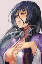 Rule 34 | 1girl, black hair, blush, breasts, brown eyes, capelet, cleavage, fasalina, gunxsword, half-closed eyes, hand on own chest, hungry clicker, jewelry, long hair, medium breasts, necklace, open clothes, parted lips, solo, upper body, wide sleeves