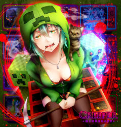 Rule 34 | 1girl, :d, bad id, bad pixiv id, bra, breasts, cat, character name, charged creeper, cigarette, cleavage, copyright name, creeparka, creeper, downblouse, english text, explosive, green eyes, green hair, highres, jewelry, kiriya, lingerie, looking at viewer, matching hair/eyes, minecraft, necklace, open mouth, personification, pickaxe, red bra, shiny skin, short hair, smile, smoking, solo, thighhighs, tnt, tnt block (minecraft), underwear, zettai ryouiki