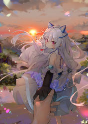 Rule 34 | 1boy, 1girl, bare shoulders, black gloves, blush, closed mouth, cloud, cloudy sky, commentary, dema hmw, elbow gloves, gloves, hair between eyes, headgear, highres, holding hands, indie virtual youtuber, long hair, looking at viewer, looking to the side, mountain, outdoors, outstretched arm, padko, purple eyes, silver hair, sky, smile, solo focus, standing, sun, sunset, tail, very long hair, virtual youtuber, wifi symbol