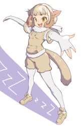 Rule 34 | 1girl, animal ears, arms up, blonde hair, bodystocking, bow, brown hair, burikarun, curly hair, drawstring, eyelashes, footwear bow, full body, fur scarf, highres, jacket, kemono friends, layered sleeves, legs apart, long sleeves, looking at viewer, medium hair, multicolored hair, open clothes, outstretched arms, outstretched hand, pocket, scarf, sheep (kemono friends), sheep ears, sheep girl, sheep tail, shoes, short over long sleeves, short sleeves, shorts, smile, solo, spread arms, standing, tail, wide-eyed, yellow eyes