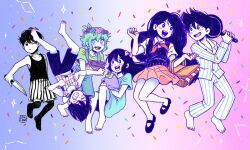 Rule 34 | aubrey (headspace) (omori), aubrey (omori), barefoot, basil (headspace) (omori), basil (omori), basket, black hair, black shorts, blue dress, blue eyes, book, bow, commentary request, dress, french commentary, frown, frying pan, green hair, grin, hair bow, head wreath, hero (headspace) (omori), hero (omori), holding, holding basket, holding book, holding frying pan, holding knife, kel (headspace) (omori), kel (omori), kitchen knife, kneehighs, knife, mari (headspace) (omori), mari (omori), midair, miniskirt, omori, one eye closed, open mouth, orange skirt, osulan, overalls, pajamas, picnic basket, pleated skirt, purple hair, shorts, signature, skirt, smile, socks, sparkle, striped clothes, striped shorts, sunny (omori), sweater vest, tank top