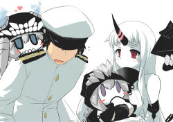Rule 34 | 10s, 1boy, 3girls, abyssal ship, admiral (kancolle), aqua eyes, bent over, blush, blush stickers, check commentary, chibi, colored skin, commentary request, eating, flying sweatdrops, food, goma (gomasamune), hand on another&#039;s head, hat, heart, holding, hood, horns, kantai collection, long sleeves, military, military uniform, multiple girls, naval uniform, onigiri, pale skin, purple eyes, re-class battleship, red eyes, riding, seaport princess, simple background, single horn, smile, sweatdrop, tail, uniform, white background, white skin, wo-class aircraft carrier