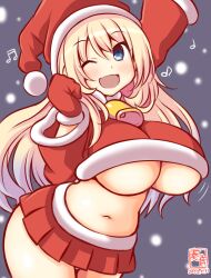 Rule 34 | 1girl, alternate costume, artist logo, atago (kancolle), bell, blonde hair, breasts, cowboy shot, crop top, dated, green eyes, jingle bell, kanon (kurogane knights), kantai collection, large breasts, long sleeves, miniskirt, mittens, navel, night, one-hour drawing challenge, one-piece swimsuit, open mouth, outdoors, red mittens, red skirt, santa costume, skirt, snowing, solo, swimsuit