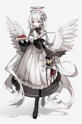 Rule 34 | 1girl, 343 (sashimi), apron, bad id, bad twitter id, black dress, black ribbon, blood, blood bag, breasts, cheesecake, cleavage, cleavage cutout, clothing cutout, cross, cross earrings, dress, earrings, feathered wings, food, fork, full body, halo, highres, holding, holding fork, holding plate, intravenous drip, jewelry, lantern, latin cross, long hair, long sleeves, looking at viewer, maid headdress, medium breasts, mole, mole on breast, original, plate, pointy ears, puffy long sleeves, puffy sleeves, ribbon, solo, vampire, very long hair, white apron, white hair, white wings, wings