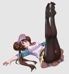 Rule 34 | 1girl, bad id, bad pixiv id, black pantyhose, blue eyes, blush, breasts, brown hair, closed mouth, commentary request, creatures (company), double bun, full body, game freak, hair bun, highres, holding with feet, legs up, long hair, lying, medium breasts, nintendo, no shoes, on back, outstretched arms, pantyhose, poke ball, poke ball (basic), pokemon, pokemon bw2, raglan sleeves, rosa (pokemon), simplecar, skirt, soles, solo, toes, twintails, very long hair, visor cap, yellow skirt