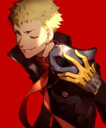 Rule 34 | 10s, 1boy, ask (askzy), blonde hair, brown eyes, gloves, male focus, mask, unworn mask, necktie, one eye closed, persona, persona 5, popped collar, red background, sakamoto ryuuji, solo