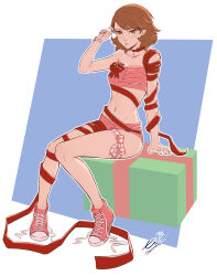 Rule 34 | 1girl, arm support, artist name, bow, box, brown eyes, brown hair, choker, closed mouth, collarbone, commentary, earrings, english commentary, full body, gift, gift box, hand up, heart, highres, jewelry, leg ribbon, light blush, medium hair, midriff, nail polish, naked ribbon, navel, omniformblue, persona, persona 3, pink bow, pink footwear, pink ribbon, red bow, red choker, red nails, red ribbon, ribbon, ribbon choker, shoes, signature, single bare shoulder, sitting, sneakers, solo, stud earrings, takeba yukari, thigh ribbon, wrist ribbon