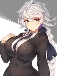 Rule 34 | 10s, 1girl, alternate costume, arm at side, asymmetrical hair, bad id, bad twitter id, between breasts, blazer, blouse, bow, braid, breasts, casual, contemporary, formal, hair between eyes, hair bow, hair ribbon, hand on own chest, impossible clothes, jacket, jitome, kantai collection, large breasts, light smile, long hair, looking at viewer, necktie, necktie between breasts, pokoten (pokoten718), ribbon, shirt, silver hair, single braid, solo, suit, unryuu (kancolle), upper body, very long hair, white shirt, yellow eyes