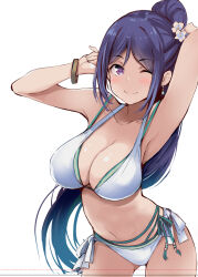 Rule 34 | 1girl, blue hair, breasts, cleavage, gengoroh, highres, large breasts, looking at viewer, love live!, love live! sunshine!!, matsuura kanan, one eye closed, ponytail, purple eyes, simple background, smile, solo, swimsuit