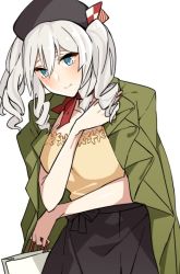 Rule 34 | 1girl, alternate costume, asakawa (outeq), bag, beret, black skirt, blue eyes, blush, breasts, closed mouth, clothes grab, collarbone, commentary request, cowboy shot, grey eyes, hair between eyes, hat, holding, holding bag, jacket, jacket on shoulders, kantai collection, kashima (kancolle), large breasts, long hair, neckerchief, red neckerchief, shopping bag, sidelocks, silver hair, simple background, skirt, smile, solo, tsurime, twintails, wavy hair, white background