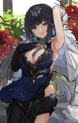 Rule 34 | 1girl, :q, absurdres, arm up, armpits, asymmetrical gloves, black gloves, blue hair, bob cut, breasts, cape, cleavage, commentary request, cowboy shot, dark blue hair, dice, earrings, flower, genshin impact, gloves, green eyes, highres, jewelry, large breasts, red flower, short hair, smile, solo, the olphy, tongue, tongue out, vision (genshin impact), white cape, white gloves, yelan (genshin impact)