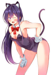 Rule 34 | 1girl, :d, ;d, animal ears, attsun (atsushi jb), bad id, bad pixiv id, bare shoulders, bent over, blue hair, blush, bow, bowtie, breasts, cat ears, cat tail, cleavage, cowboy shot, detached collar, detached sleeves, fake animal ears, fake tail, gloves, hand on own hip, hand on own thigh, kemonomimi mode, kittysuit, leotard, long hair, looking at viewer, nontraditional playboy bunny, one eye closed, open mouth, original, playboy bunny, purple eyes, purple hair, saotome jun (seishun scrap!), seishun scrap!, simple background, smile, solo, standing, strapless, strapless leotard, tail, thighs, very long hair, white background, white gloves, wink, wrist cuffs