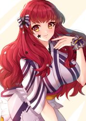 Rule 34 | 1girl, alternate costume, blush, bow, breasts, closed mouth, commentary, edamameoka, fire emblem, fire emblem engage, hair bow, hair ornament, highres, japanese clothes, kimono, large breasts, long hair, looking at viewer, nintendo, red hair, short sleeves, smile, solo, star (symbol), star hair ornament, yellow eyes, yukata, yunaka (fire emblem)