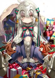 Rule 34 | 1boy, 2girls, ahoge, animal costume, bell, between legs, black gloves, black legwear, blue thighhighs, capelet, elbow gloves, fate/grand order, fate (series), fujimaru ritsuka (female), fujimaru ritsuka (male), fur trim, gift, gloves, hand between legs, headpiece, highres, jeanne d&#039;arc (fate), jeanne d&#039;arc (ruler) (fate), jeanne d&#039;arc alter (fate), jeanne d&#039;arc alter santa lily (fate), long hair, looking at viewer, multiple girls, pout, reindeer costume, ribbon, shino (eefy), sitting, tearing up, thighhighs, yellow eyes