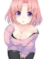 Rule 34 | 1girl, :o, black pantyhose, blush, breasts, casual, cleavage, collarbone, cowboy shot, heart, heart-shaped pupils, highres, kou mashiro, large breasts, long sleeves, looking at viewer, mikakunin de shinkoukei, open mouth, pantyhose, pink hair, purple eyes, ribbed sweater, short hair, simple background, solo, strap slip, sweater, symbol-shaped pupils, twintails, two side up, white background, yonomori kobeni