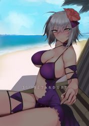 Rule 34 | 1girl, ahoge, armband, beach, beach chair, bikini, breasts, cleavage, commentary request, copyright name, day, fate/apocrypha, fate/grand order, fate (series), flower, hair between eyes, hair flower, hair ornament, highres, jeanne d&#039;arc (fate), jeanne d&#039;arc alter (avenger) (fate), jeanne d&#039;arc alter (fate), kojima (blue stardust), large breasts, looking at viewer, ocean, palm tree, purple bikini, silver hair, solo, swimsuit, tree, underboob, yellow eyes