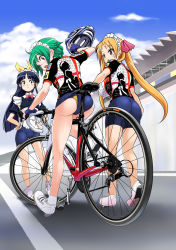 Rule 34 | 2girls, 3girls, :&lt;, :o, ass, bicycle, bike jersey, bike shorts, black hair, blonde hair, blush, bow, bowtie, breasts, cloud, day, fingerless gloves, from behind, glasses, gloves, green eyes, green hair, hair ribbon, hands on own hips, helmet, highres, huge breasts, inoue narumi, kneepits, legs, long hair, maid, maid headdress, maid in japan, multiple girls, no socks, open mouth, orimoto mimana, outdoors, panties, ponytail, purple eyes, red eyes, ribbon, road bicycle, shiny clothes, shoes, short hair, shorts, skin tight, sky, sneakers, socks, surprised, sweat, trap, twintails, ugaki matome, underwear, uniform, upshorts, very long hair, wardrobe malfunction, yellow panties